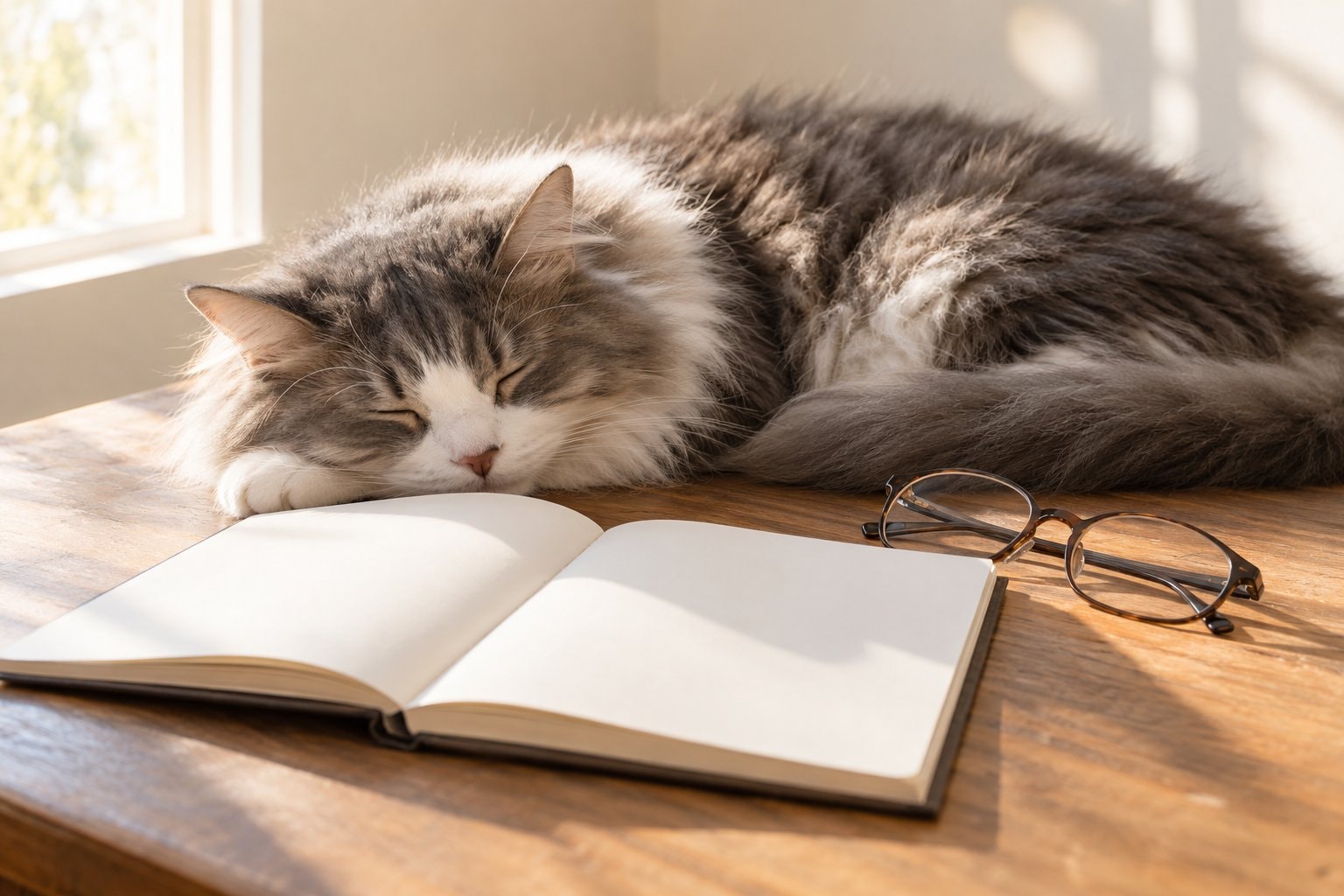 A grey-and-white cat asleep beside a blank open notebook and reading glasses.
