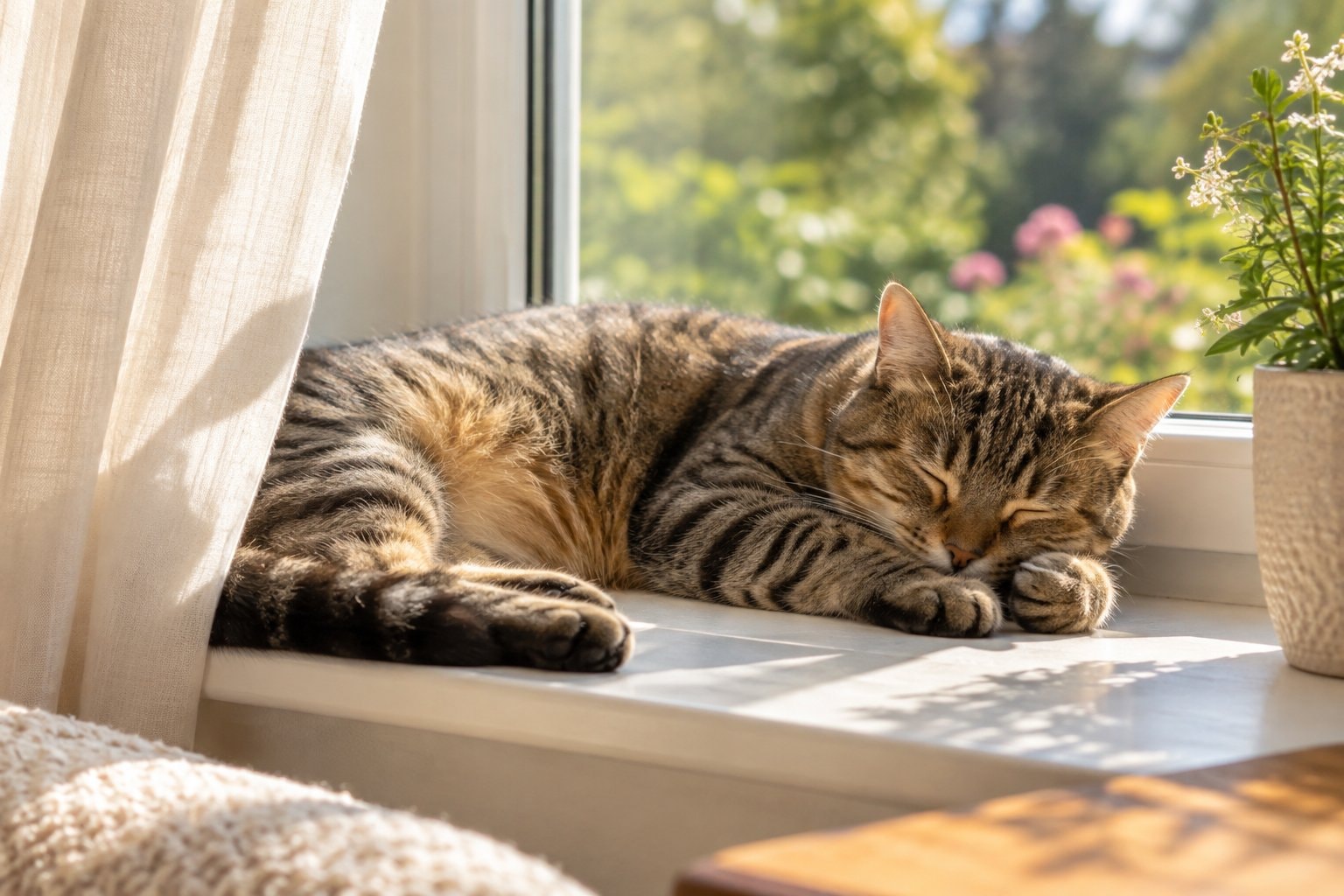 A brown tabby asleep on a sunny windowsill.